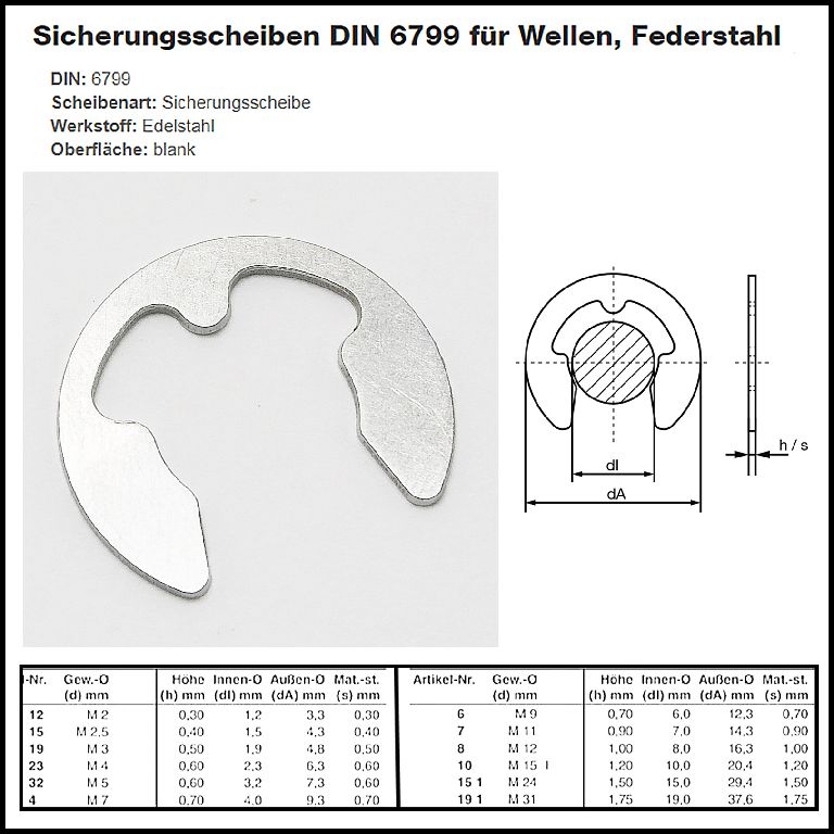 Safety Washer din 6799 For Shaft, Stainless Steel 1.4122 Spring Steel ...
